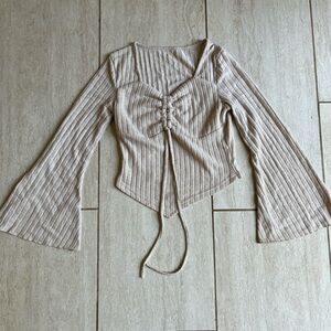 Beige Ribbed Bell Sleeve Top